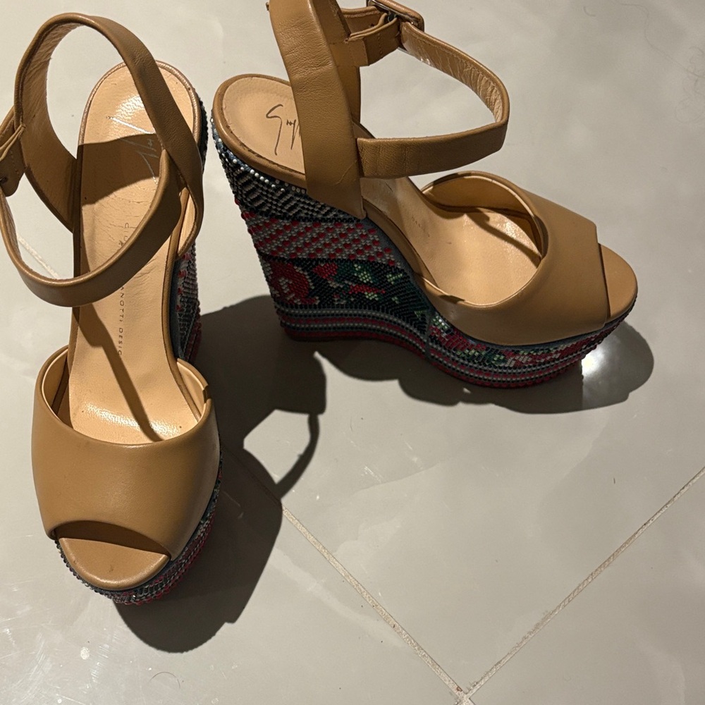 Giuseppe Zanotti Nude Embroidered Wedge Sandal Size 40
